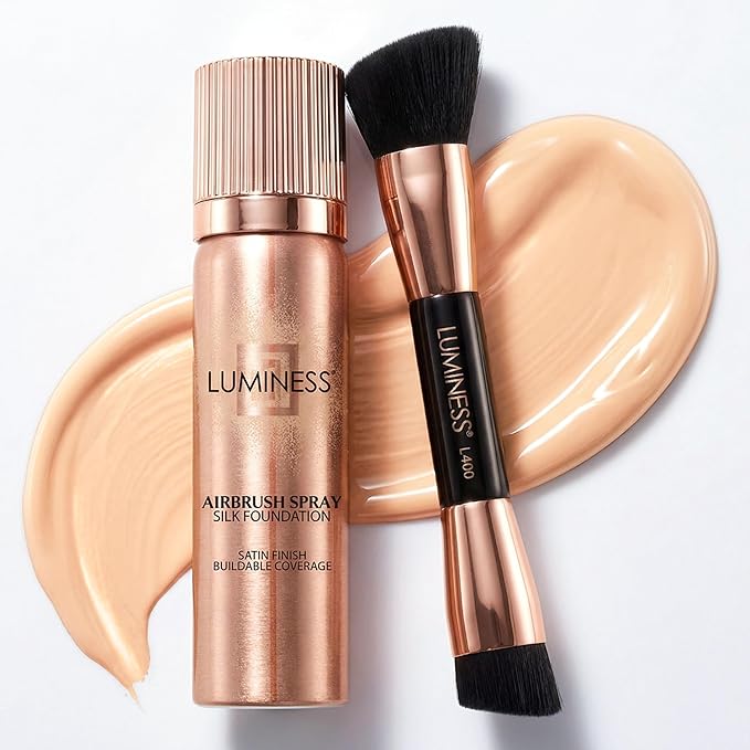 LUMINESS Silk Airbrush Spray Foundation & Buffing Brush Kit – Full Coverage Foundation & Dual-Sided Buffing Brush - Buildable Coverage, Anti-Aging Formula Hydrates & Moisturizes (Shade - Fair)