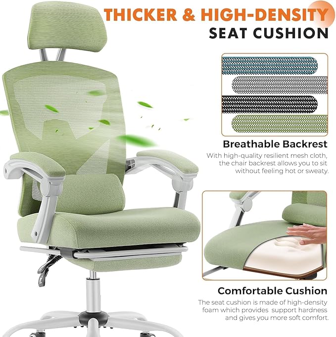 Sweetcrispy Office Computer Desk Chair Set of 2, Ergonomic High-Back Mesh Rolling Work Swivel Chairs with Wheels, Comfortable Lumbar Support, Comfy Arms for Home, Bedroom, Study, Student, Green