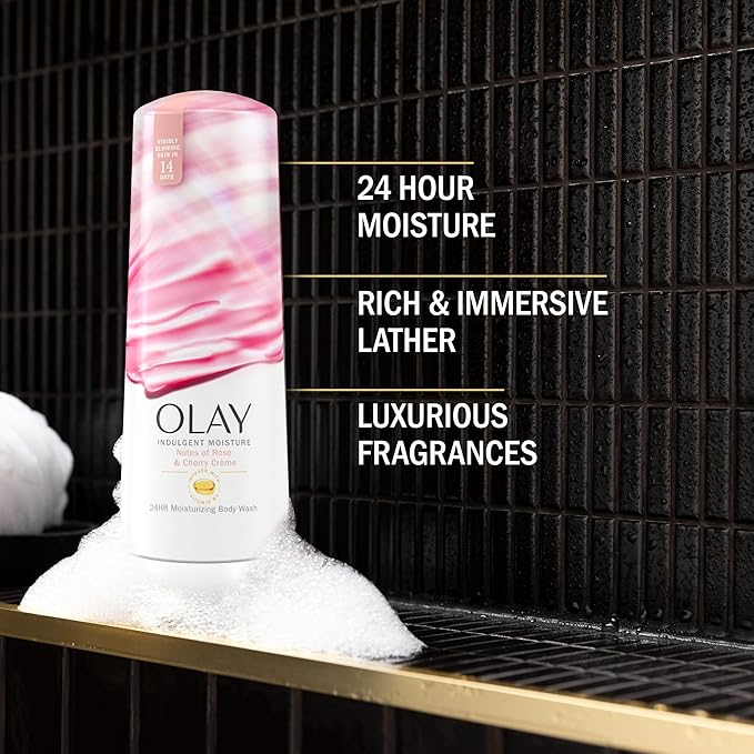 Olay Body Wash for Women,Indulgent Moisture,24hr Moisturizing & Nourishing Formula,Infused with Vitamin B3 Complex,Luxurious Fragrances,Rose & Cherry Creme Scent,20 fl oz,(Pack of 2)
