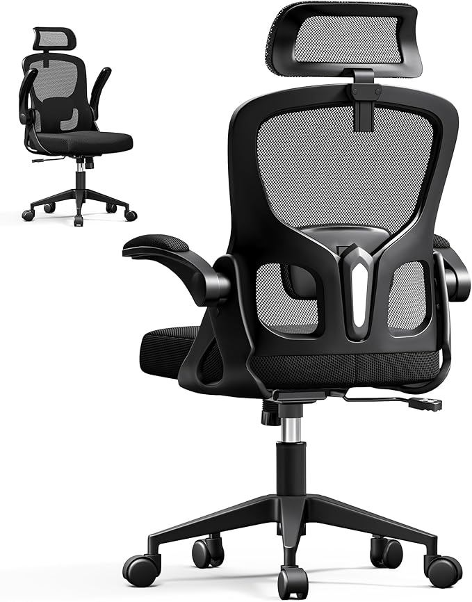 Ergonomic Office Chair, Mesh Desk Chair with Adjustable Headrest & Lumbar Support, Rolling Computer Chair with Flip-up Armrests, Comfy Swivel Home Office Chair for Long Hours (1, Light Black)
