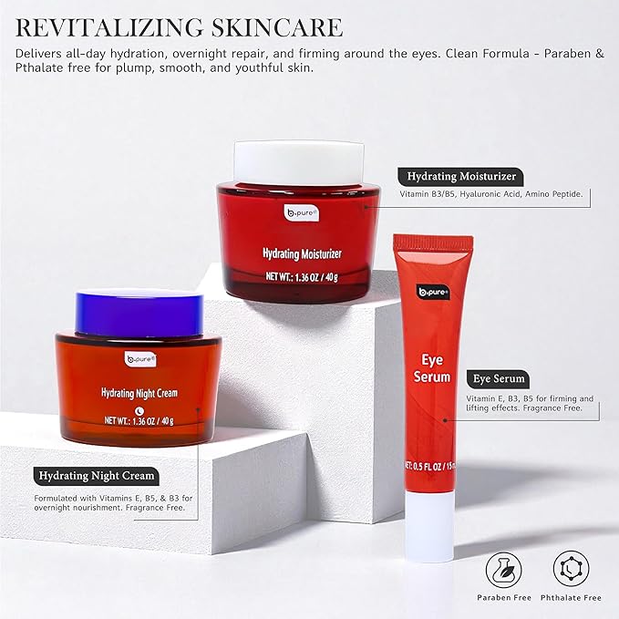 b.pure Revitalizing Skin Renewal Trio | Hydrating Daytime Moisturizer, Night Cream, and Eye Serum | Anti-Aging, Anti-Wrinkle | 3.22 oz, 3-Pack Kit