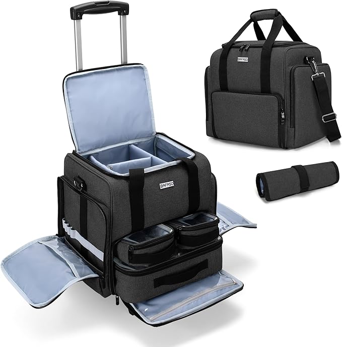 BAFASO Rolling Makeup Case with 3 Removable Pouches and 1 Makeup Brush Bag, Professional Makeup Train Case Cosmetic Bag with Detachable Dolly (Patented), Black
