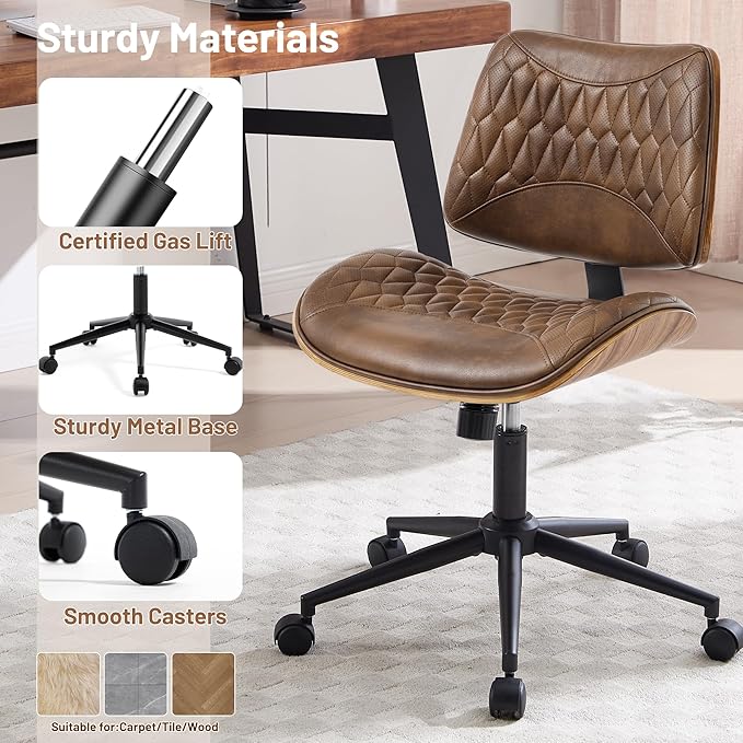 Walnut Bentwood Mid Back Armless Office Chair 1 Pack, Adjustable Height PU Leather Swivel Desk Chair with Wheels, Rolling Computer Task Chair for Home Office, Study, Meeting Room