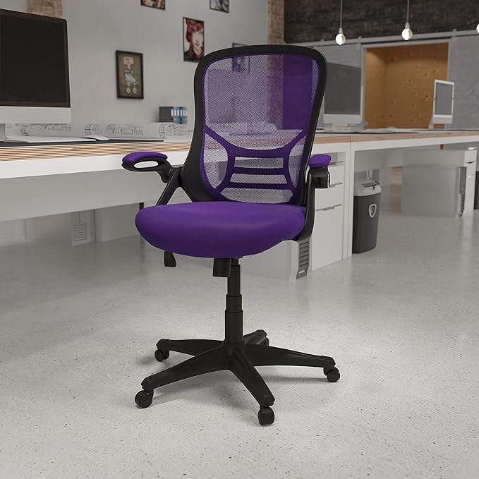 Flash Furniture Porter High-Back Swivel Office Chair with Adjustable Lumbar Support and Seat Height, Ergonomic Mesh Desk Chair with Flip-Up Armrests, Purple/Black