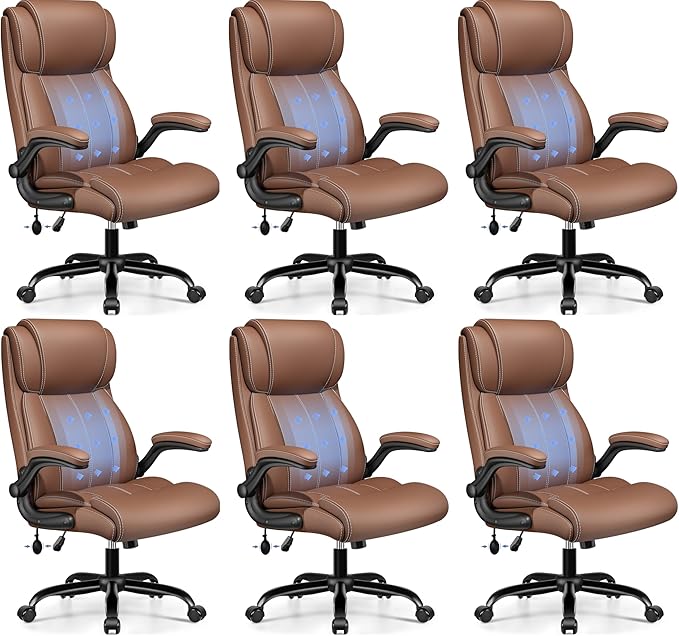Ergonomic Office Chair - Home Desk Computer Chair, Leather High Back Executive Chairs with Adjustable Lumbar Support & Flip-up Arms, Rocking Swivel Comfy, Brown 6 Pack