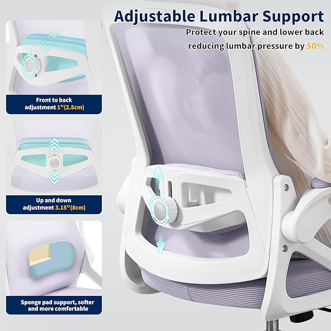 Ergonomic Office Chair, Desk Chair with Adjustable Lumbar Support, Breathable Mesh Comfy Computer Chairs with Flip-up Armrests Executive Task Chair for Adults Home Office(Lavender)