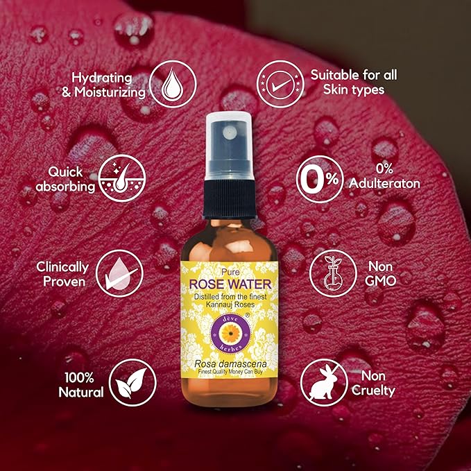 Deve Herbes Pure Rose Water Distilled from The Finest kannauj Roses (Rosa damascena) 100% Natural Therapeutic Grade 100ml (3.38 oz)