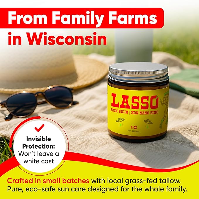 Sun Balm – Natural Moisturizing Balm with Non-Nano Zinc, Beeswax & Vitamin E – 4oz Glass Jar – Grass-Fed - finished Tallow – Reef-Safe, Sensitive Skin-Friendly