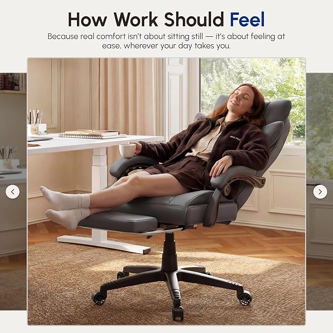 Dowinx Big and Tall Office Chair with Pocket Spring Cushion,High Back Computer Gaming Chairs with Linkage Armrests,Executive Desk Chairs with Footrest,PU Leather-Grey