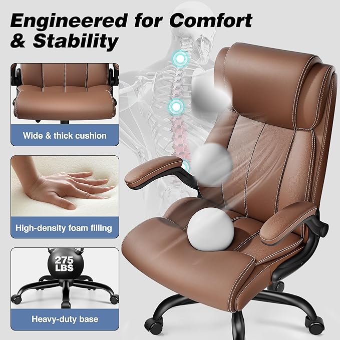 Ergonomic Office Chair - Home Desk Computer Chair, Leather High Back Executive Chairs with Adjustable Lumbar Support & Flip-up Arms, Rocking Swivel Comfy, Brown 4 Pack