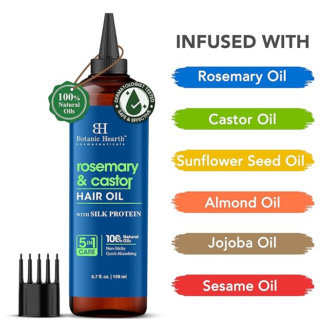 Botanic Hearth 100% Pure Rosemary Castor Oil For Hair Growth & Hair Treatment Oils 6.7 Fl Oz | Infused with coconut Oil | Hair Oil Repairs Dry Damaged Hair, Strengthening, Healthier | All Hair Types