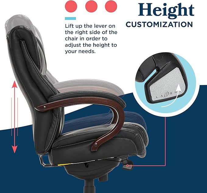 La-Z-Boy® Bellamy Executive Office Chair with Memory Foam Cushions, Real Wood Arms and Swivel Base, Waterfall Seat Edge, Faux Bonded Leather, Black