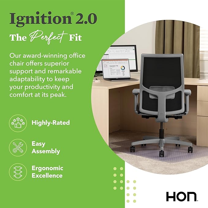 HON Ignition 2.0 Mid Back Task Chair, Advanced Synchro-Tilt Control, Office Chair with Lumbar Support, Height and Width Adjustable Arms, Titanium Frame, Black