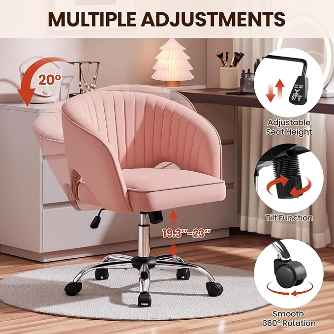 Yaheetech Pink Desk Chair Cute Vanity Chair with Back & Modern Swivel Rolling Design for Home Office, Study, Vanity, Bedroom