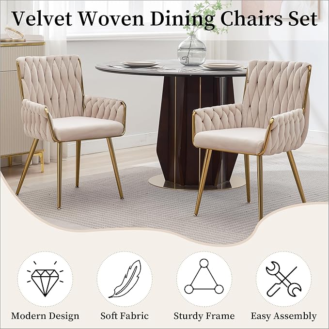 Westice Home Office Desk Chair 1PC, Upholstered Hand Weaving Desk Chairs with Golden Metal Legs & Armrest, Modern Accent Chairs for Dining Room, Living Room, Kitchen, Vanity, Beige