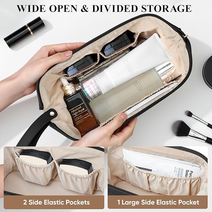 Travel Makeup Bag, Large Capacity Double Layer Cosmetic Bags for Women, Waterproof Portable Make Up Skincare Pouch with Makeup Brush Organizer, Toiletry Bag for Essentials, Black