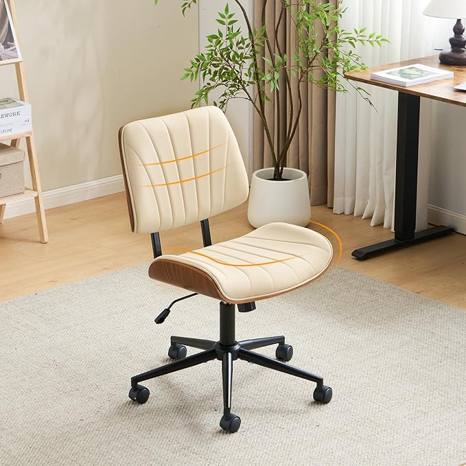 VINGLI Wide Curved Seat&Back Armless Home Office Chair,Ergoromic Adjustable-Height Desk Chair,Swivel&Tilting Function,Stylish Walnut Task Chair for Meeing Room,Dining Room,PU,Khaki
