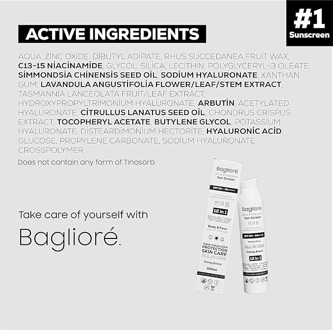 Bagliore Ultra-Protection Sunscreen, SPF 50+, Moisturizer with Zinc Oxide & Hyaluronic Acid, PA+++++, 12 in 1, Body & Face, 3.38 fl oz