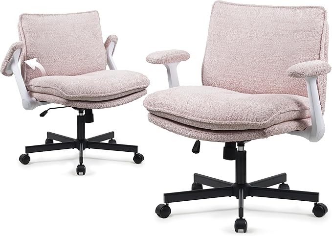 Criss Cross Legged Office Chair with Wheels and Flip-Up Arms, Upholstered Criss Cross Desk Chair, Wide Seat Chairs for Home Office, Vanity, Apartment, Pink
