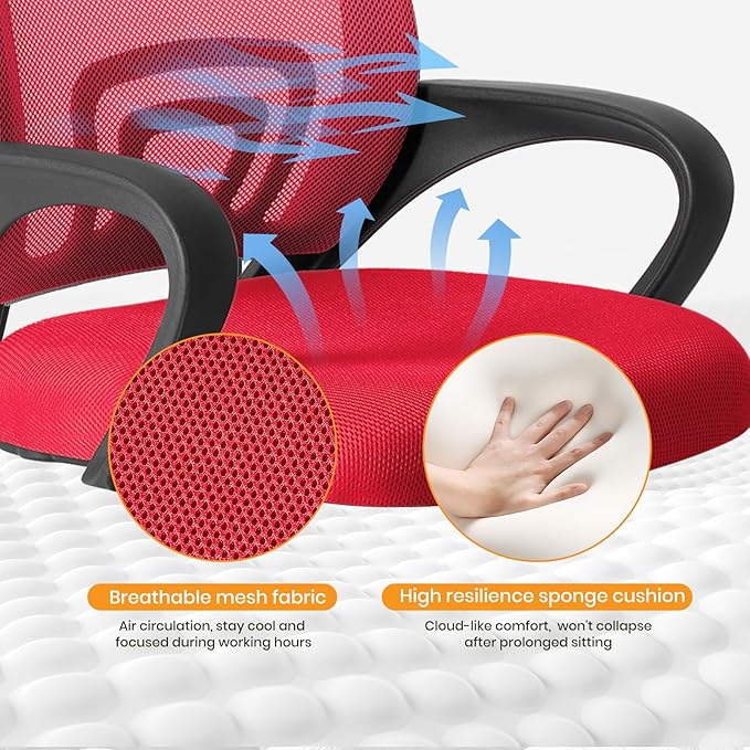 NEWBULIG Red Computer Desk Office Chair, Ergonomic Mid-Back Swivel Rolling Chair with Breathable Backrest and Lumbar Support Wheels, Mesh Office Chairs for Adults Home Task Gaming,1 Pack