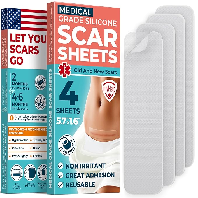 Medical Grade Silicone Scar Sheets - Transparent - 4pk (5.7”x1.6”) - Visible Difference on Surgical & Keloid Scars - Reusable C-Section Scar Silicone Strips - Easy to Use Silicone Sheets for Scars