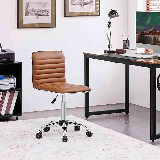Yaheetech Low Back PU Leather Ribbed Armless Office Chair, Ergonomic Swivel Computer Task Chair with Wheels for Office, Home