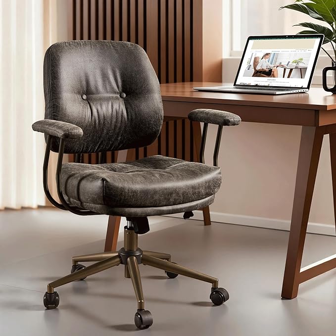ovios Ergonomic Office Chair, Mid Back Faux Leather Executive Chairs with Thick Cushion, Comfy Mid-Century Modern Swivel Rolling Computer Armchair (Dark Grey, Suede Leather)