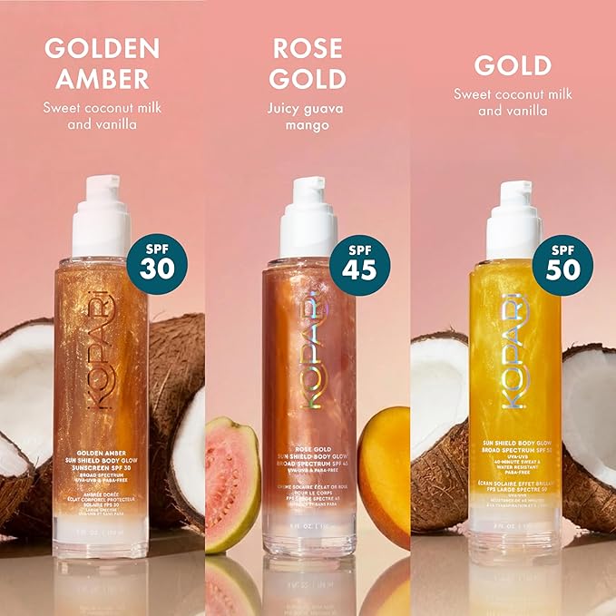 Kopari Sun Shield Body Glow, Broad Spectrum SPF 45, Lightweight Shimmering Gel Texture Absorbs Quickly, Non Sticky, Glowing Results, Rose Gold 5 oz