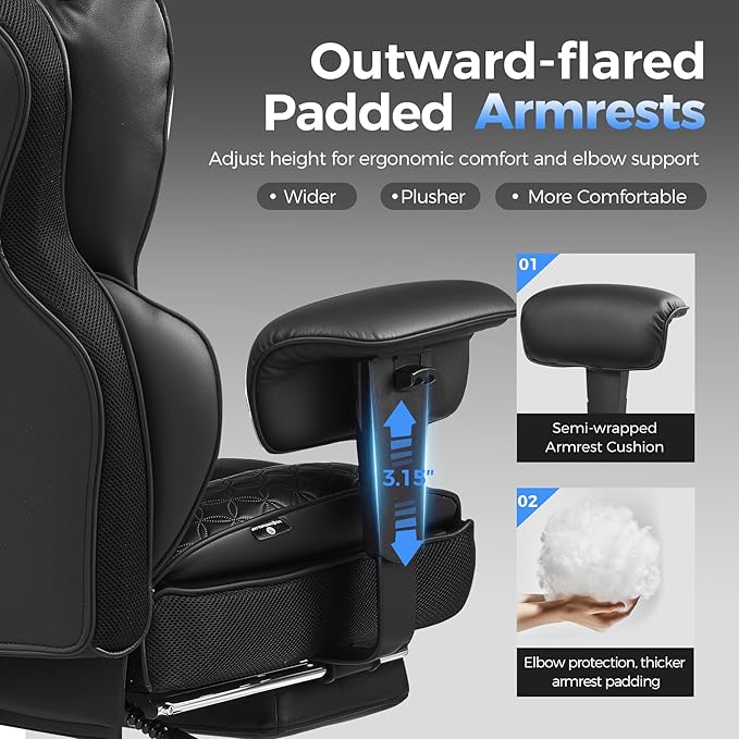 COMHOMA Big and Tall Office Chair Heavy Duty Gaming Chair with Deluxe Embossing Leather High Back Wider Ergonomic Computer Chair with Foot Rest 150°Reclining Pocket Spring Lumbar Support