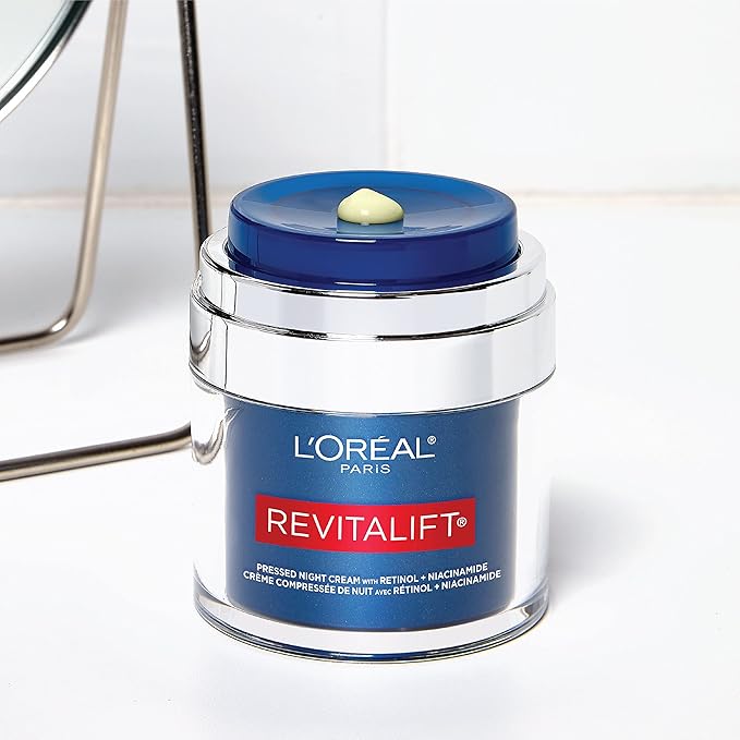 L'Oreal Paris Revitalift Pressed Night Cream,Retinol + Niacinamide,Reduces Wrinkles,Fragrance Free,1.7 oz + Serum Sample,(Pack of 2)