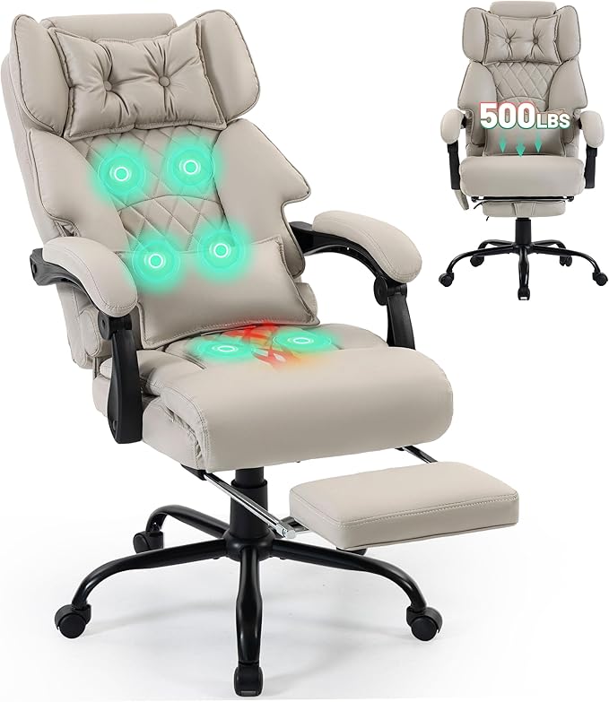 Massage Office Chair with Foot Rest,6 Points Vibration & Heat Executive Office Chairs for Heavy People,500LBS Big and Tall Office Chair,Ergonomic Reclining Desk Chair,Dual-Use Pillow,Beige