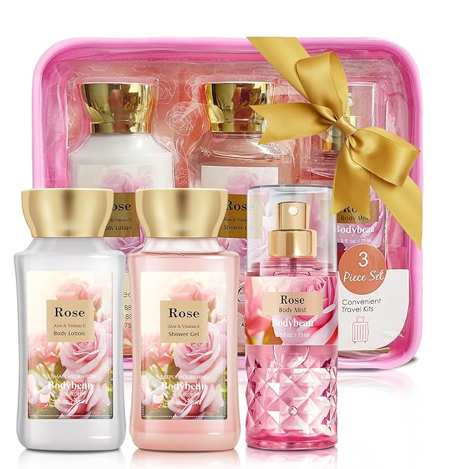 Bath and Body Gift Set for Women and Girls,Rose 3PCS Set - Shower Gel,Body Lotion,Body Mist,Personal Portable Body Care Travel Set,Home Spa Set for Birthday Mother's Day Gifts for Her