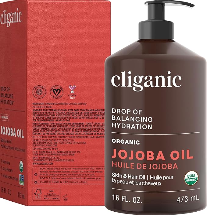 Cliganic Organic Jojoba Oil 16 oz, 100% Pure | Bulk, Natural Cold Pressed Unrefined Hexane Free for Hair & Face | Base Carrier Oil