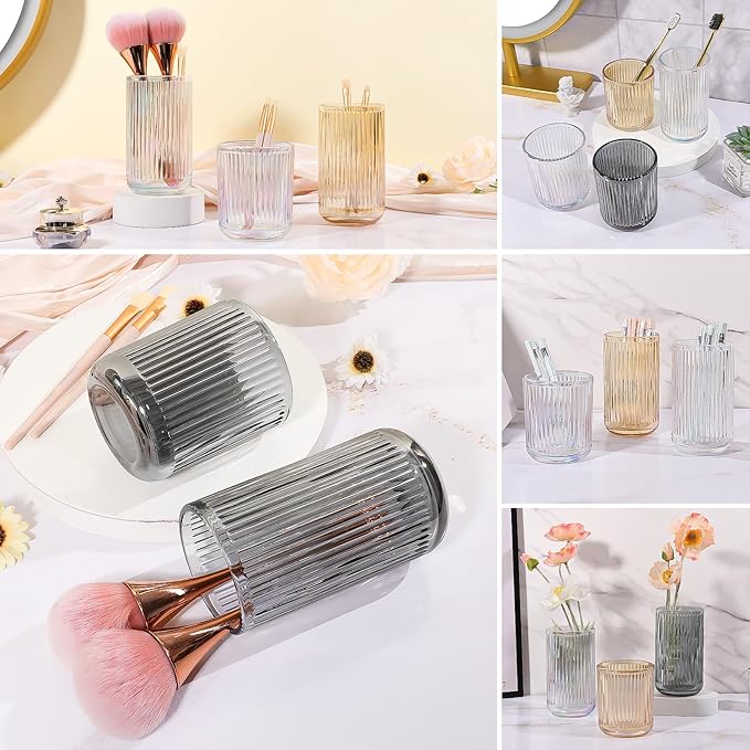 DASITON Makeup Brush Holder Organizer, Crystal Glass Makeup Brushes Storage Holder, Vintage Make Up Brush Cup for Vanity, Pen Pencil Holder for Desk, Toothbrush Holders for Bathroom (Grey L)