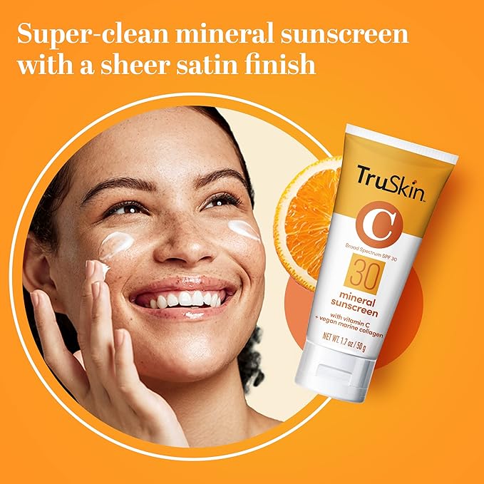 TruSkin Mineral Sunscreen SPF 30 for Face - Zinc Oxide Broad Spectrum Protection with Squalane, Vitamin C & Marine Collagen - Reef-Safe Mineral Face Sunscreen for Sensitive Skin, 1.7 fl oz