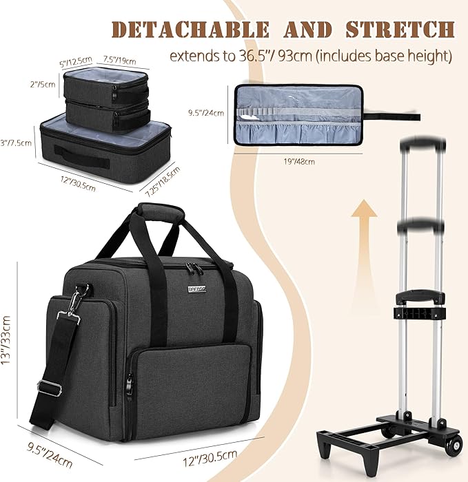 BAFASO Rolling Makeup Case with 3 Removable Pouches and 1 Makeup Brush Bag, Professional Makeup Train Case Cosmetic Bag with Detachable Dolly (Patented), Black