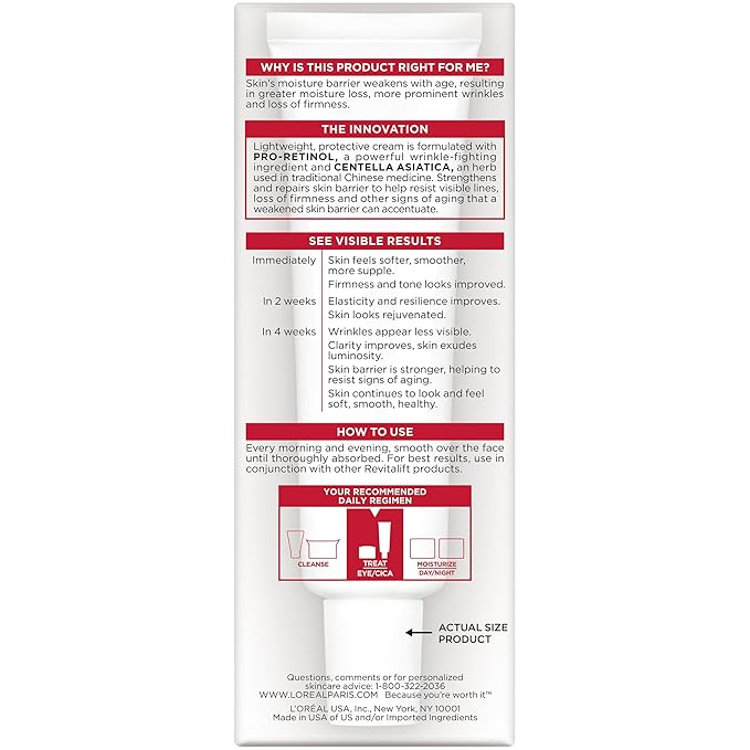L'Oreal Paris Revitalift Cicacream Anti-Aging Face Moisturizer with Centella Asiatica for Anti-Wrinkle and Skin Barrier Repair, Fragrance Free, Paraben Free, 1.7 fl; oz.