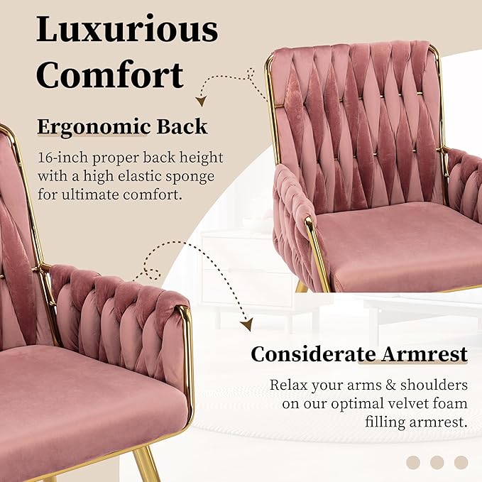 ABET Office Desk Chair No Wheels, Woven Velvet Vanity Chair with Back & Armrest, Comfy Upholstered Cute Gold Metal Legs Makeup Aesthetic Armchair for Girls & Women Bedroom, Nail Spa, Rose Red