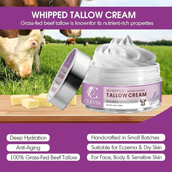 100% Grass-Fed Whipped Tallow Cream - 4 OZ Anti-Wrinkle Face+Body Balm – Organic Beef Tallow with Jojoba Oil – Deep Hydration for Dry, Sensitive & Irritated Skin (Vanilla Lavender)