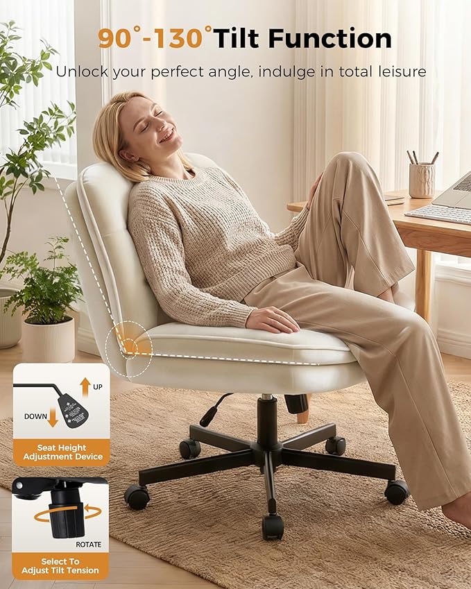 COMHOMA Cross Legged Office Chair with Wheels Armless-Office Desk Chair, Modern Vanity Computer Task Chairs for Home Bedroom, Comfortable Wide Seat for Lower Back Pain Relief, Soft Velvet, Beige
