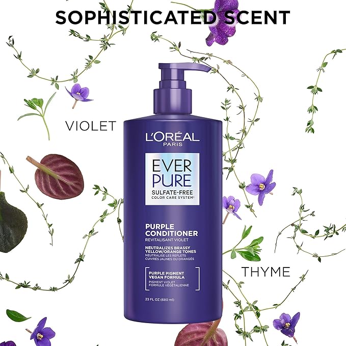 L’Oreal Paris Sulfate Free Brass Toning Purple Conditioner for Blonde,Bleached,Silver,or Brown Highlighted Hair,EverPure,23 Fl Oz (Packaging May Vary),(Pack of 2)