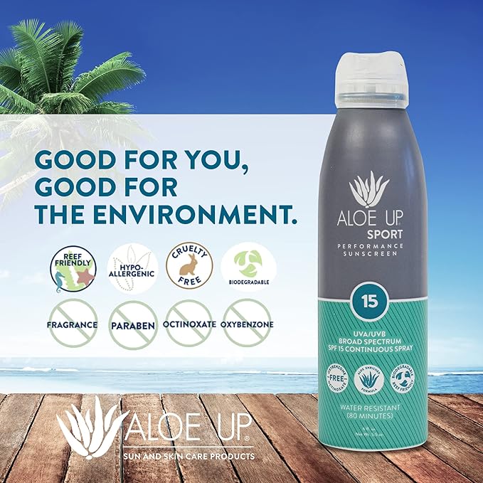 Aloe Up Sport Spray Sunscreen SPF 15 – Broad Spectrum Sunblock with Hydrating Aloe Vera Gel – Fast Absorbing, No White Cast, Reef Friendly, Water Resistant up to 80 Minutes, Fragrance Free – 6 Oz