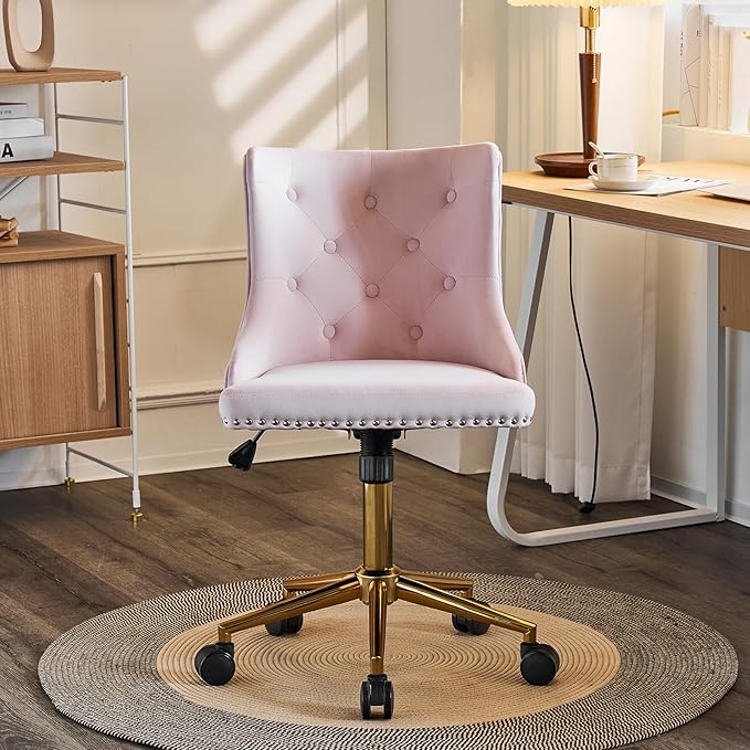 VINGLI Light Pink Velvet Armless Home Office Desk Chair with Gold Base/Wheels,Cute Vanity/Makeup Chair with Back for Bedroom, Upholstered Adjustable Rolling Swivel Nail Chair for Women/Girls