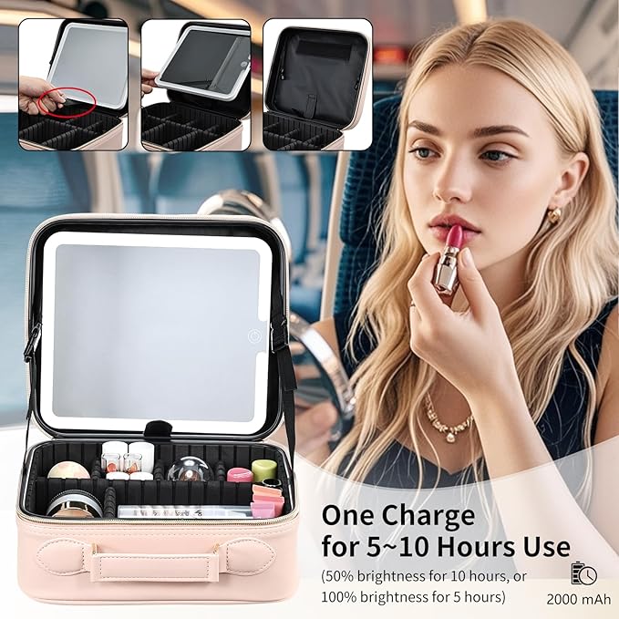 Travel Makeup Bag with LED Mirror 3 Color Modes,10.2-in Pink Vegan Leather Makeup Organizer Bag with Adjustable EVA Dividers and Independent Brush Panel