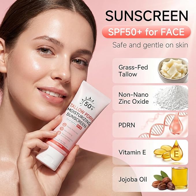 Beef Tallow Sunscreen With Non-Nano Zinc Oxide, Mineral Sunscreen SPF 50 Natural Sunscreens for Face and Body, Salmon PDRN Sunblock Moisturizing Sun Screen for Sensitive Skin & Kids, 2.82 OZ
