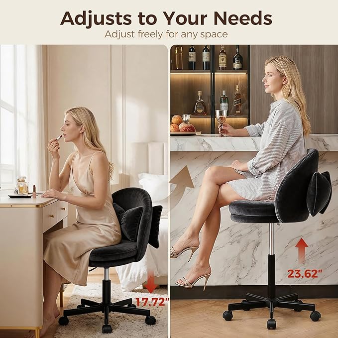 GTPOFFICE Vanity Chair with Back, Adjustable Tall Office Chair High Swivel Bar Stools Fluffy Cute Desk Chair Comfy with Wheels Bow Pillow Armlees for Adults Standing Desk Bar, Soft Velvet, Black
