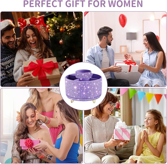 Bling Diamond Makeup Brush Holder, 360° Rotating Makeup Organizer, 5 Slot Make up Brushes Cup for Countertop, Storage for Cosmetics Pen Eyeliner Skincare on the Vanity (Diamond Purple)