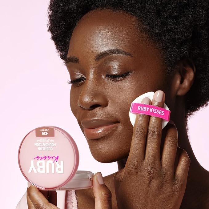 Ruby Kisses Cushion Foundation, Full Coverage Korean Makeup, Lightweight & Long Lasting, All Day Natural Glowy Finish for All Skin Types with Hyaluronic Acid & Bakuchiol (Golden Beige, 0.52 Ounce)