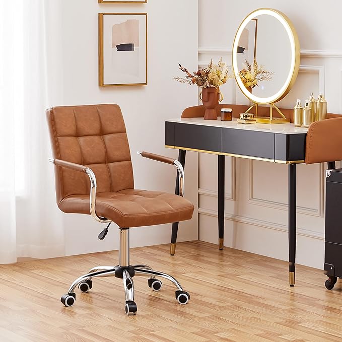 Yaheetech PU Leather Comfortable Office Desk Chair Mid Back Height Adjustable Computer Swivel Chair w/Armrests, Retro Brown