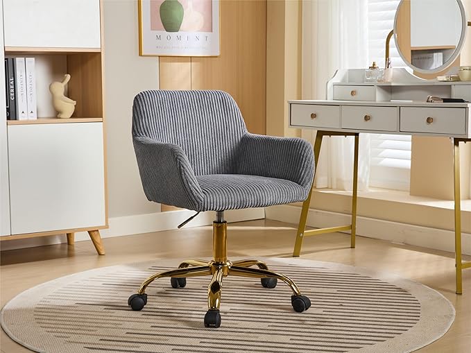 KCC Corduroy Fabric Vanity Makeup Desk Chair, Fluffy Swivel Modern Armchair with Wheels, Upholstered Fuzzy Height Adjustable for Girls Home Office, Gray